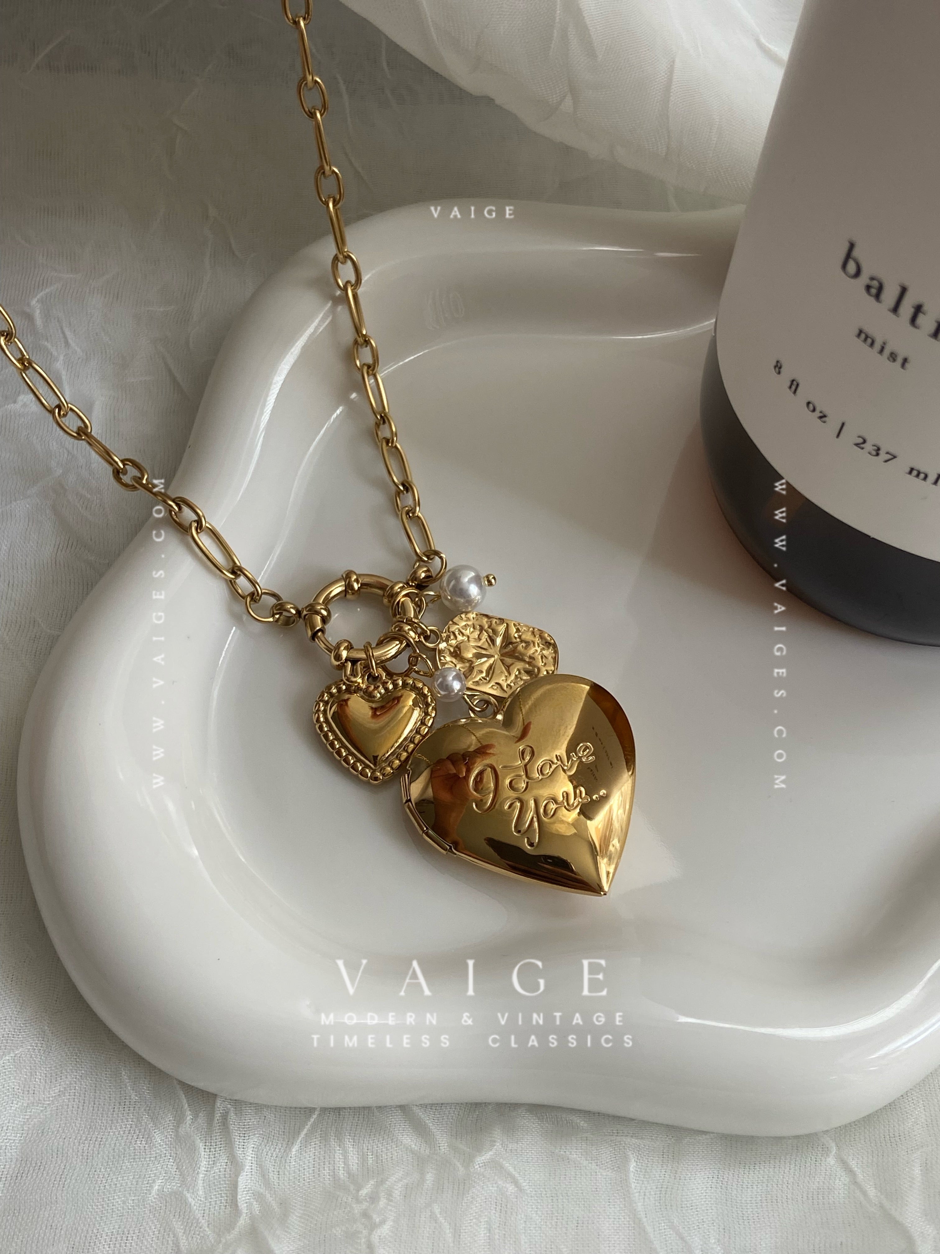 VAIGE 18K Gold Plated Stainless Steel Heart Locket Necklace